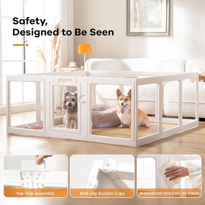 Clear Acrylic Dog Playpen Indoor, Puppy Cat Small Pet Play Pen, Pet Cat Playpen for Rabbits, Dog Fence Crate Kennel Whelping Cage (White, 2 Panel)