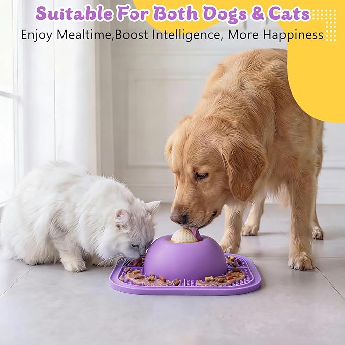 PetsHome Slow Feeder Dog Bowls & Lick Mat for Liquid and Thick Treat, Anti-Slip Dog Lick Bowl with Interactive Rolling Ball, 5/6 Cup Pup Licking Toy for Large Medium Small Dogs and Cats Purple