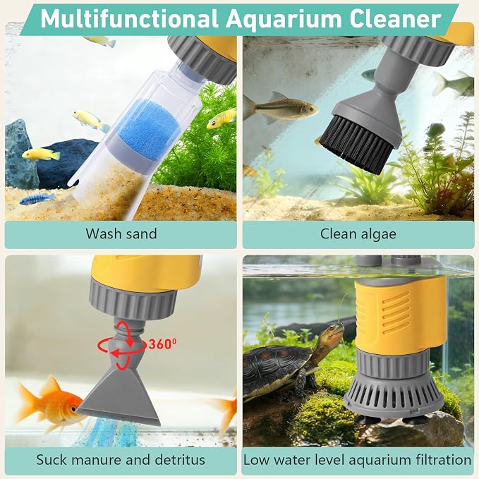 Aquarium Vacuum Gravel Cleaner, 8 in 1 Removable 20W Fish Tank Cleaner | Gravel Vacuum for Aquarium, Strong Suction for Change Water Wash Sand Clean Algae Water Circulation and Adjustable Length