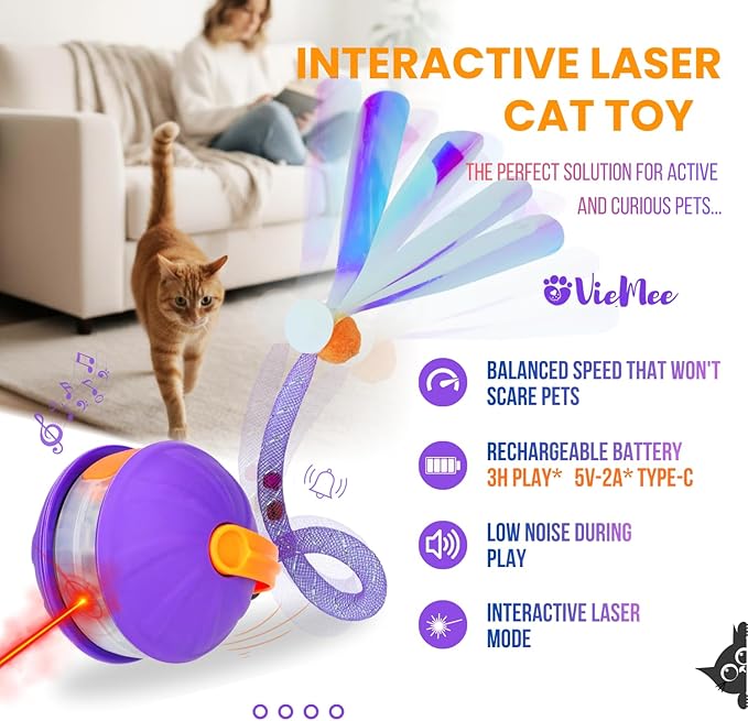 Automatic Cat Laser Toy 4-in-1, Interactive Ball & Laser Pointer for Indoor Cats with 3 Interchangeable Tails, Rechargeable Teasing Pet Toy for Kittens & Adults