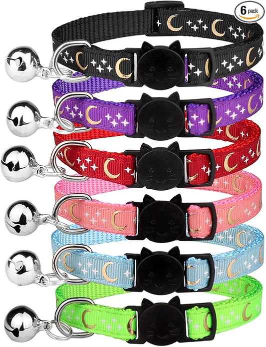 6 PCS Breakaway Cat Collars with Bell Golden Moon Glowing Star in The Dark for Kitten