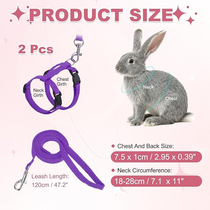Rabbit Harness and Leash, Escape Proof Bunny Cat Leash Small Animal Harness Soft Adjustable Buckle(2Pcs, Purple) for Bunny Kitten Cats Puppies Walking Hiking Training