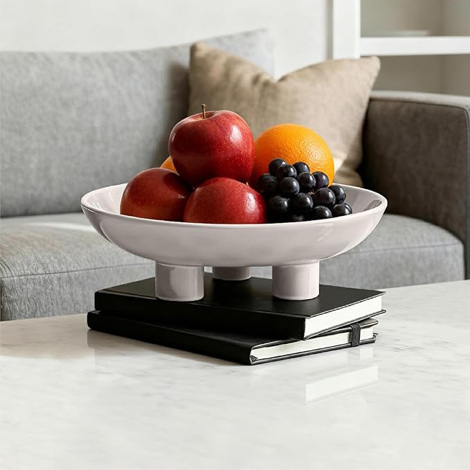 Three-Leg Ceramic Fruit Bowl, 10 Inch Oval Serving Dish for Kitchen Counter, Candy or Key Holder, Home Decor Accent White