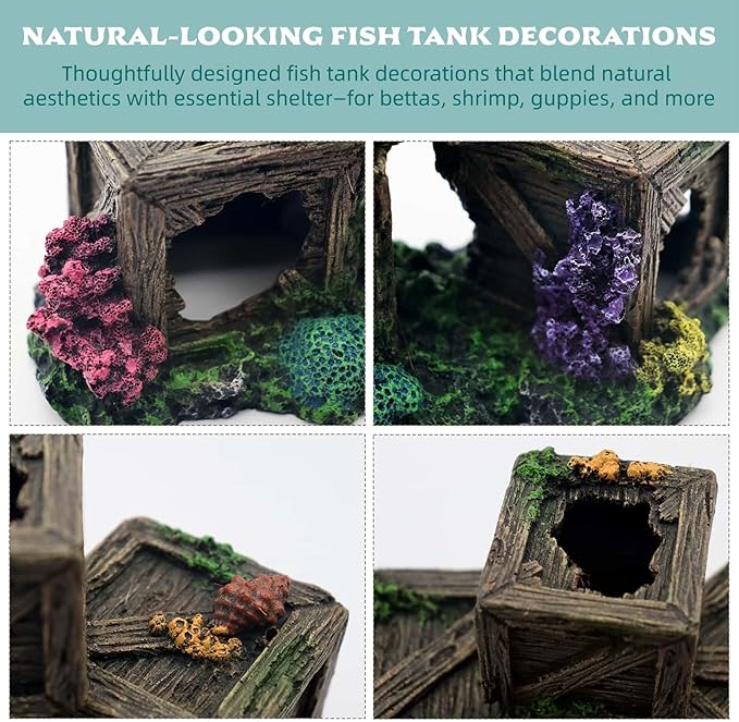 Fish Tank Decorations Hideout for Betta, Shrimp & Guppies – Two-Level Wooden Crate with Realistic Coral, Sponge & Seaweed, Stable Rock Base, Aquarium-Safe Resin - 8.5x4.3x4.9 Inch