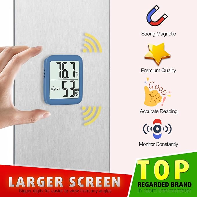 2 Pack Room Thermometer Indoor Hygrometer | Monitor Temperature & Humidity, Accurate, Fast Read, Easy To View, Magnetic/Kickstand/Hanging, ℉/℃, w/ Battery, Compact
