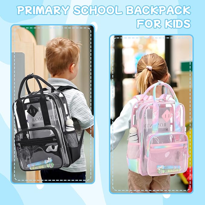 MOONBABY Small Clear Backpack for School Transparent Bookbag for Kids Heavy Duty PVC See Through Backpack Stadium Approved