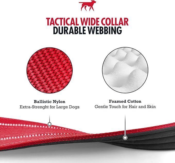 Tuff Pupper Tactical Dog Collar | Heavy Duty 1.5" Wide Ballistic Nylon | Training Control Handle | Quick-Release Metal Buckle | Reflective Bands | ID Tag Holder | Padded Inner Lining (Red, Medium)
