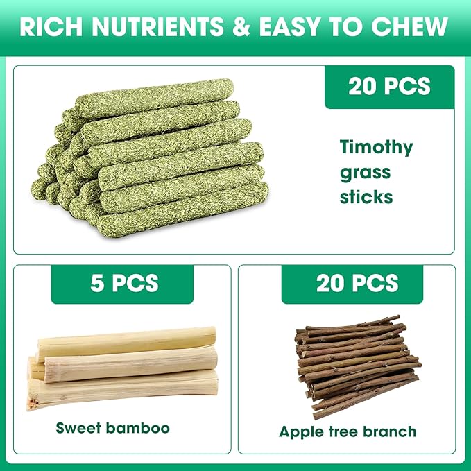 WDEFUN Natural Pet Chew Toys Set - 20 Timothy Hay Sticks 20 Apple Tree Branches 5 Sweet Bamboo, Safe Chewing Toys for Rabbit, Guinea Pig, Hamster, Chinchilla, Gerbil - Teeth Grinding & Boredom Relief
