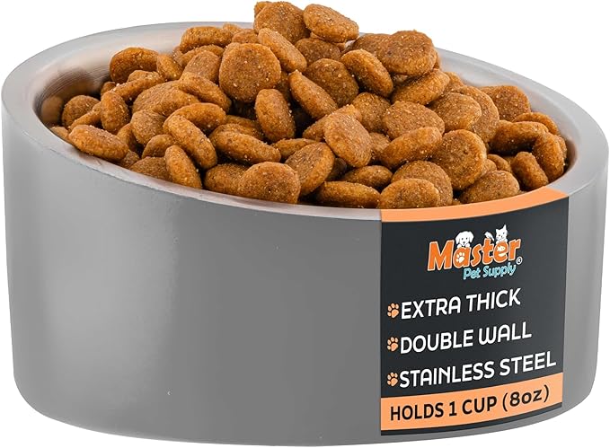 Master Pet Supply Stainless Steel Slanted Dog Cat Food Bowl - 8 oz Heavy Duty - Graphite, Double Wall Insulated, Non-Slip Elevated Bowl for French Bulldogs Pugs Cats, Anti Rust Dishwasher Safe