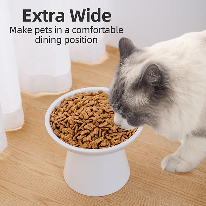 6.2 Inch Extra Wide Elevated Ceramic Cat Bowls, Food and Water Bowl Set for Elder Big Cats Small Dogs, Raised Design for Pet Easy Eating, Protect Cat's Spine Set of 1（White-1pc）