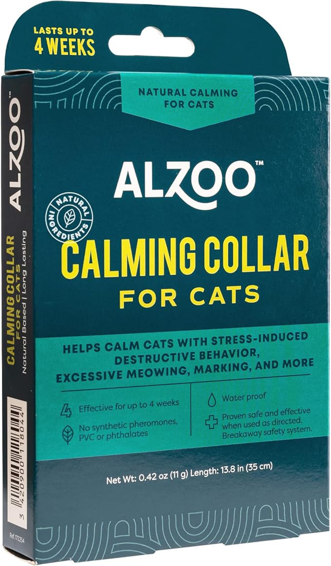 ALZOO Calming Collar for Cats, Helps Calm Pets During Thunder, Fireworks, Separation Anxiety & More, Effective Up to 4 Weeks, 100% Plant-Based Active Ingredients
