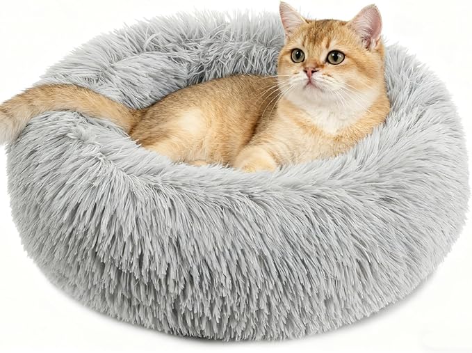 RAINFLOW Cat Bed - Calming Cat Bed for Small Kittens Donut Washable Round for Indoor Kittens and Puppies, Anti-Slip Round Fluffy Plush Faux Fur, Medium, Light Grey