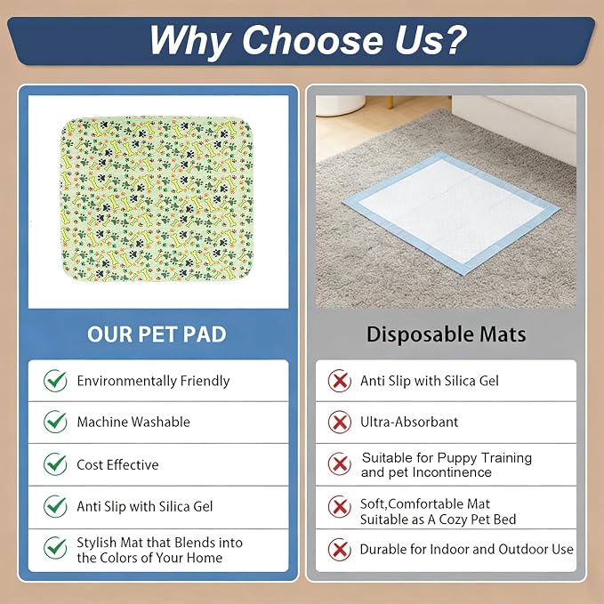 Puppy Pads with Pheromones, Washable Pee Pads for Dogs Potty Training, Reusable Dog Mat with Pet Hair Removal Gloves for Playpen, Crate, Whelping Box (Green,M)
