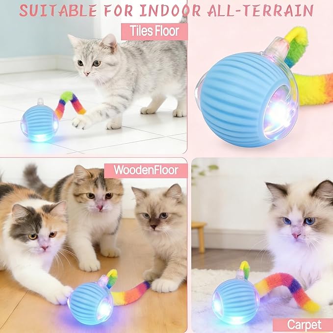 Rechargeable Smart Rolling Cat Ball, Automatic Interactive Cat Toy with 3 Modes, LED Light & 3 Replaceable Accessories, Indoor Cat Exercise Toy for Kittens & Adult Cats, for Boredom Relief Sky blue