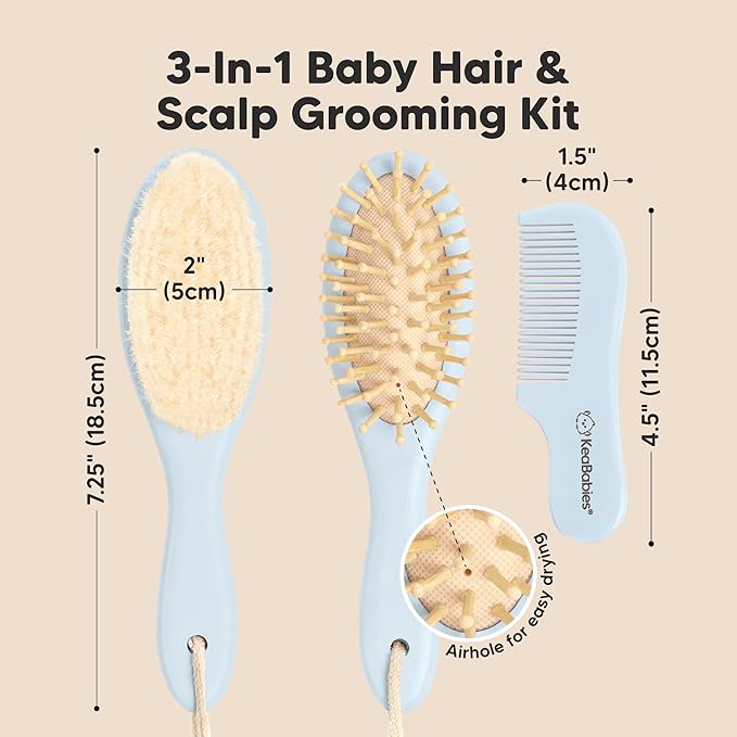 Baby Hair Brush Set for Newborns - Soft Goat Bristle Wooden Baby Brush and Comb Set Newborn Grooming Kit for Cradle Cap, Durable & Gentle, Boy, Girl Infant Essentials Care Kit (Regular, Frost)