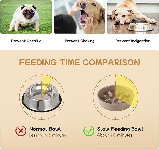 Havniva Ceramic 0.9 Cup Raised Slow Feeder Dog Bowl Set, Elevated 6.1inch Slow Dish and 6.1inch Water Bowl with Wooden Stand for Small Dogs (2 x Brown Coffee+ Stand)