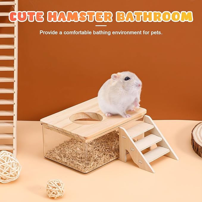 UKCOCO Hamster Bathroom Transparent Sand Bath Container with Ladder Small Pet Bath Box for Hamsters Gerbils Chinchillas 6.10X4.13X2.55In