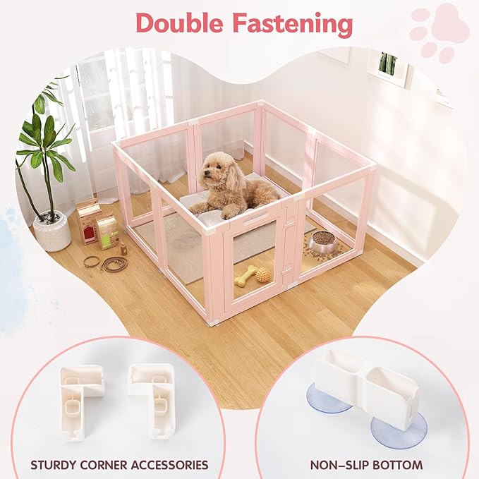 DIY Clear Acrylic Dog Playpen Indoor, Transparent Easy Cleansing Puppy Fence with Suction Cup, Easy-Assemble Indoor Whelping Crate for Small Puppies (23.6" H, 8PCS), Pink