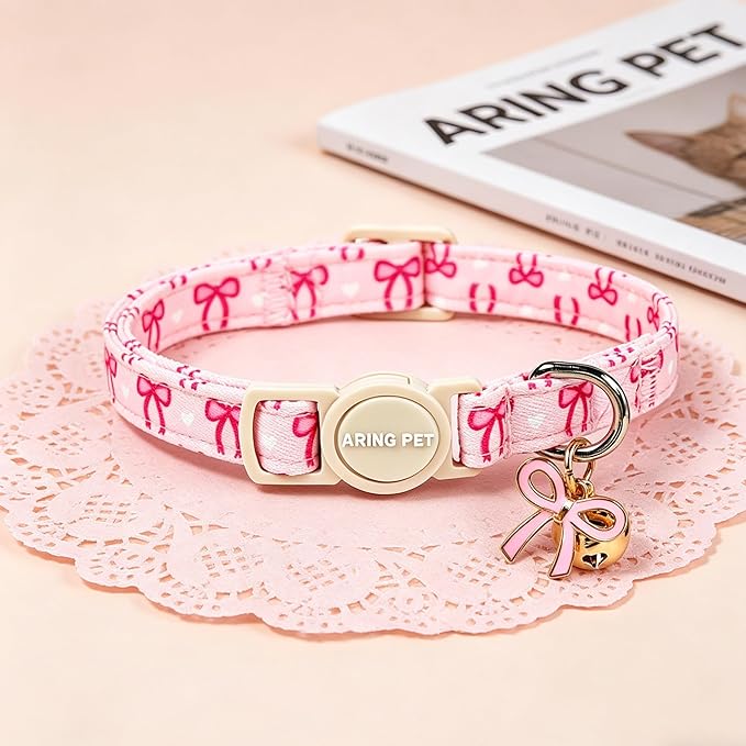 ARING PET 2 Pack Cat Collars with Bell, Cute Soft Cotton Kitten Kitty Breakaway Spring Summer Cat Collars for Boy Girl Cats-Pink Bow & Blue Floral