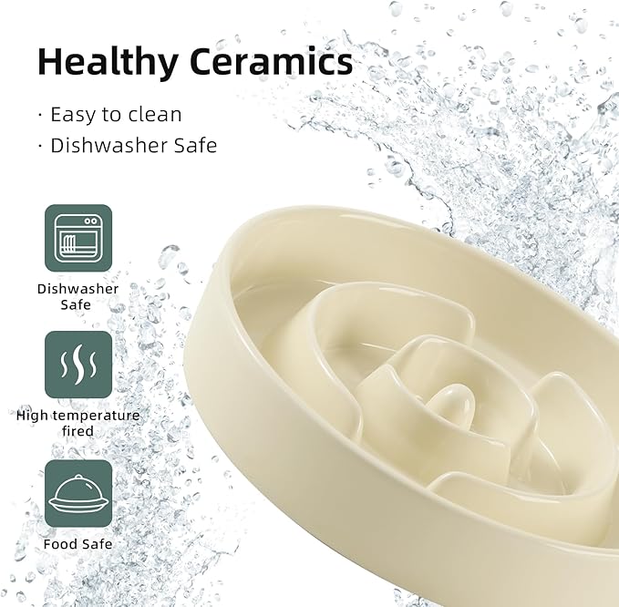 Havniva Ceramic 1.2 Cup Slow Feeder Dog Bowl for Medium and Small Breed, 7.3inch Puzzle Dog Food Dish, Anti-Gulping, Stop Bloat, Preventing Choking (Single Bowl-Light Yellow)