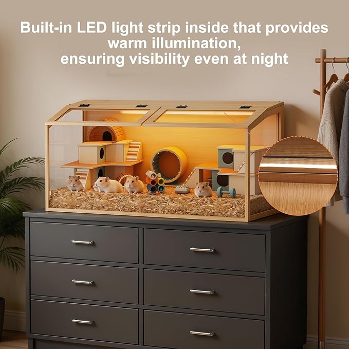 Hamster Cage: Wooden Small Animal Cage with Warm Light - 40Inch Extra Large Clear Hamster House Chewy Proof with Two Openable Breathable Top