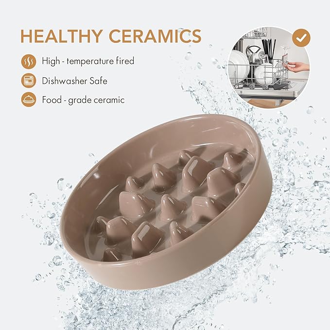 Havniva Ceramic 1.6 Cup Dog Bowl Slow Feeder, 8.2 inch Slow Pet Food Dish for Medium and Large Dog, Stop Bloat, Preventing Choking(Single Bowl, Brown Coffee)