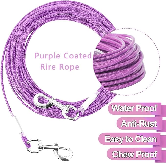Tie Out Cable for Dogs,10/20/30/50/100FT Dog Leads for Yard Chew Proof,Heavy Duty Tie Out Cable for Large Dogs Up to 125lbs,Dog Runner Tether (Purple, 125Ibs 150ft)