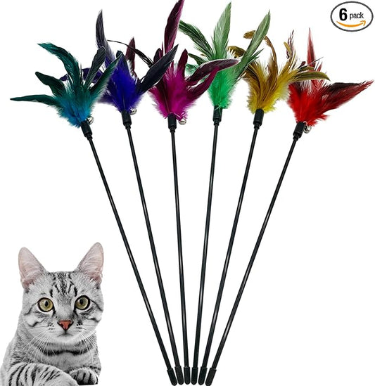 Cat Wand Toy Feather Stick Cat Toys, 6 Pieces Interactive Cat Toy Feathers Wand for Indoor Cats (A)