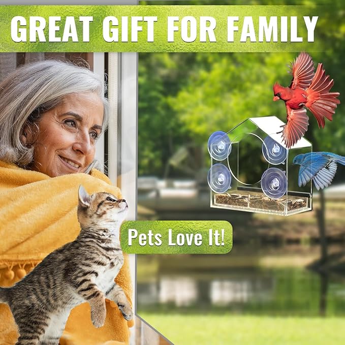 Window Bird Feeder with Strong Suction Cups - Clear Bird Feeders Window for Outdoor Viewing, Removable Tray for Easy Cleaning and refilling, for Grandma and Mom