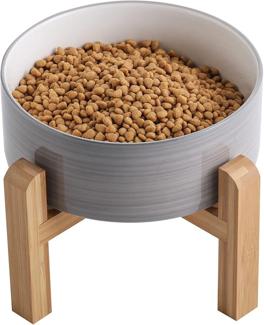 Elevated/Raised Dog Bowl Ceramic with Wood Stand for Small Medium Breed,Dog Food Water Dish Heavy, 6 in Non Slip Modern Cute Porcelain Pet Bowl Grey White