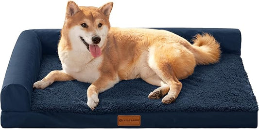Patas Lague Orthopedic Dog Bed Large Sized Dog 36''X24'', Waterproof L Bolster Medium Pet Sofa Beds with Removable Washable Cover, Soft Comfortable Pet Couch Crate Mat with Nonskid Bottom, Navy Blue