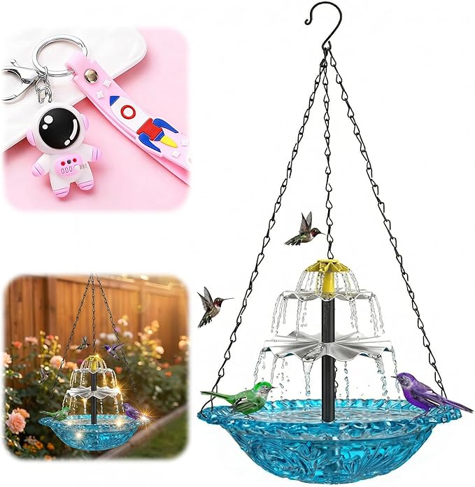 Solar Fountain for Bird Bath, Hanging Cascade Water Feature for Outdoor Garden & Yard Decor, Creates a Relaxing Flow that Attracts Birds (Blue)