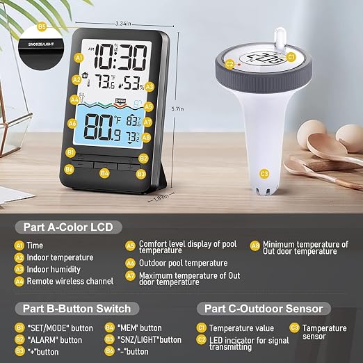 HEYAXA Wireless WiFi Pool Thermometer with 4-Inch Digital LCD Display, IPX8 Waterproof Floating Pool Thermometer, Real-Time Water Temperature Monitor for Swimming Pool, Spa, Hot Tub & Pond