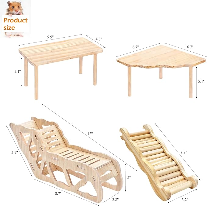 4 Pcs Hamster Platform Wooden Tunnel Ladder Hidden Play House Hamster Game Climbing Toy with Platform, Decor Toy cage Accessories for Dwarf Syrian Mice Degus Gerbils Squirrel and Other Small Pets