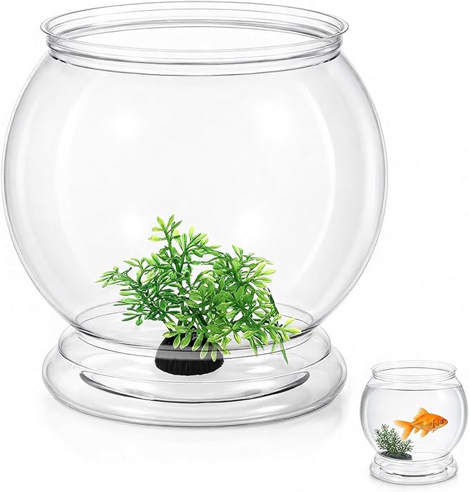 Mini Plastic Fish Bowl with Artificial Aquatic Plants, 27 oz Decorative Fish Bowls Unbreakable Plastic Betta Fishes Tank Clear Round Desktop Vases Bowls for Home Decor, Centerpiece Vases, Candy