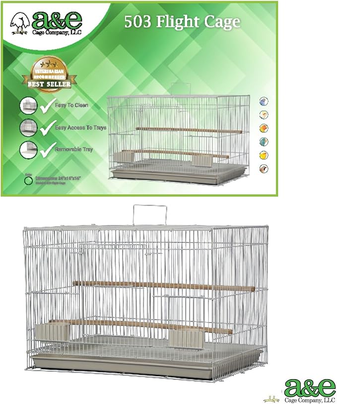 A&E Cage Co 503 White SP Flight Bird Cage – 24" x 16" x 16" Small Bird Cage for Finches, Canaries & Parakeets – Includes 2 Feeder Stations, Wood Perch, Slide-Out Tray & Carry Handle (White)