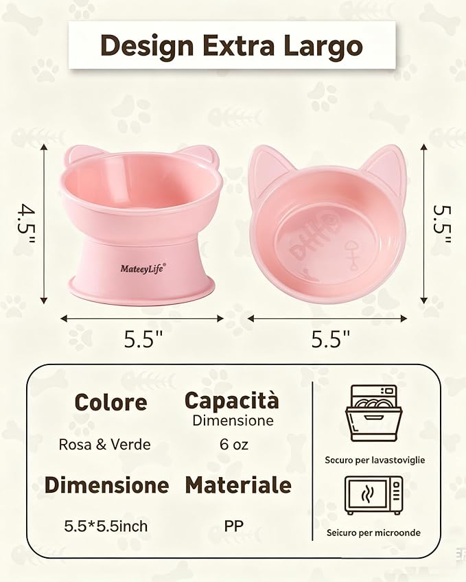MateeyLife Elevated Cat Bowls, 2P Raised Food and Water Bowl Set for Indoor Cats & Small Dogs, Whisker Fatigue Cat Bowl, Anti Vomit Feeding Pet Bowls, 6 oz Each, Dishwasher Safe - Pink & Green