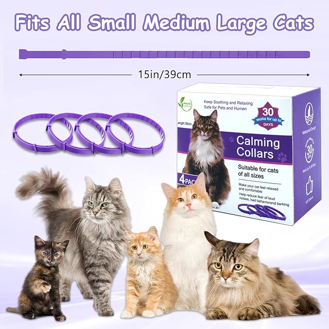 Calming Collar for Cats 4-Pack Cat Calming Collar Adjustable Soother Anxiety Relief Waterproof cat Calming Products 30-Day Stress Relief (Purple)