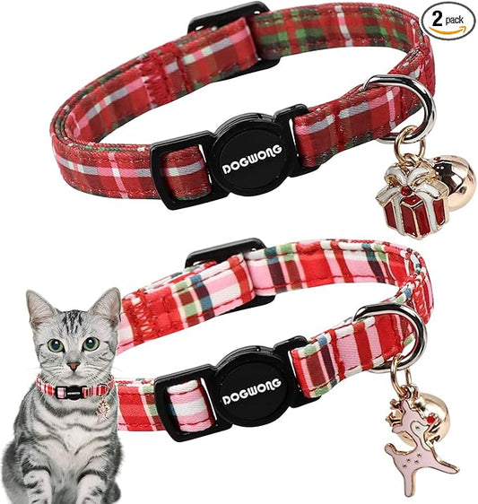 2 Pack Christmas Plaid Cat Collars Breakaway with Bell, DOGWONG Safety Buckle Red Plaid Cute Cat Collar for Girl Boy Cats，Adjustable 7-12 Inch
