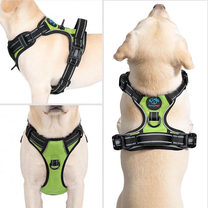 PHOEPET Reflective Dog Harness No Pull Large Breed Vest with 2 Metal Leash Attachment Hooks(XL, Green)