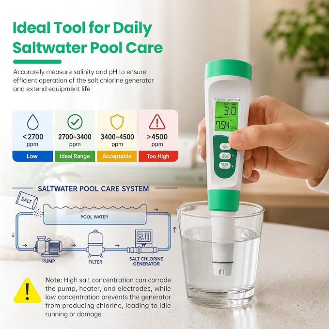 Salt Tester for Saltwater Pool & PH Meter, High Accuracy Pool Salt Tester, 5 in 1 Salinity PH Temp EC TDS Meter for Pool Hot Tub Swimming Aquarium, Daily Maintenance & Water Quality Testing, Green