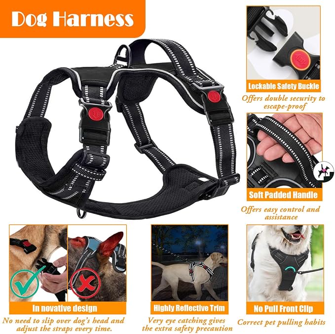 LOBEVE No Pull Dog Harness, Collar & Leash Set | Includes Dog Seat Belt, Collapsible Bowls & Poop Bag Dispenser. Ideal for Training, Walking, Hiking. Fits Small to Large Dogs(Black-L)