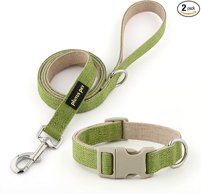 Plutus Pet Cotton Hemp Dog Collar and Leash Set, Adjustable Collar for Small, Medium, and Large Dogs, Heavy Duty and Soft on Skin, Green, XL