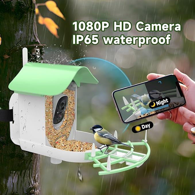 Smart Bird Feeder with Camera Solar Powered,AI Identify Species,2K HD Video Auto Capture Live for Outdoor Backyard,Ideal Gift for Family Bird Lovers (Green)