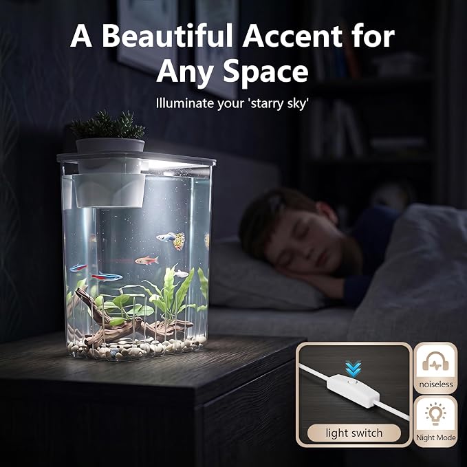 1 Gallon Betta Fish Tank Aquarium Starter Kit with Light and Lid(White) | Premium Acrylic Aquarium with Light and Lid, Crystal Clear Starter Kit for Betta Fish, Shrimp, Snails and Small Fish
