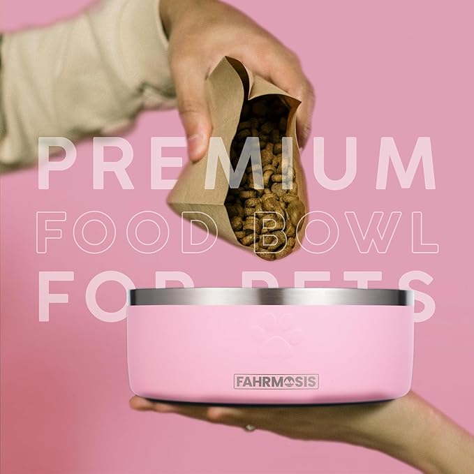 FAHRMOSIS 64 OZ Dog Bowl with Slow Feeder Insert Stainless Steel Pet Water Bowl for Medium & Large Breed Non Slip Rubber Base & Plastic Puzzle Feeder - Pink