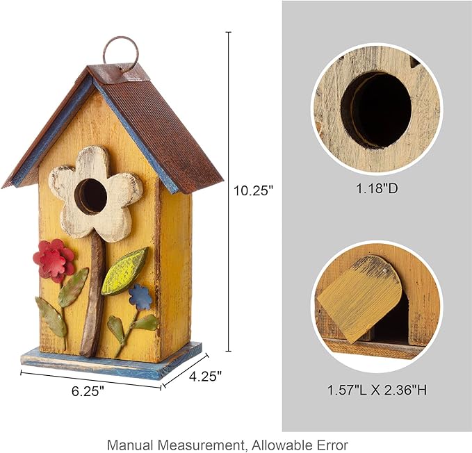 Glitzhome Bird Houses for Outside, 10.25" Wooden Bird House Hanging Birdhouse Distressed Flower Garden Bluebird House for Outdoor, Bird Nest Box for Bluebird Wren Chickadee Sparrow