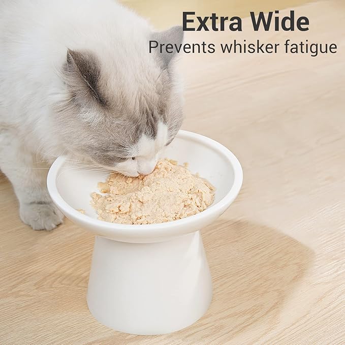 CEEFU Extra Wide Elevated Ceramic Cat Bowl, 6.2" Shallow Dish for Whisker Fatigue Relief, 5" Height for Easy Feeding, Durable Raised Cat Food Bowls, Pack of 2, White