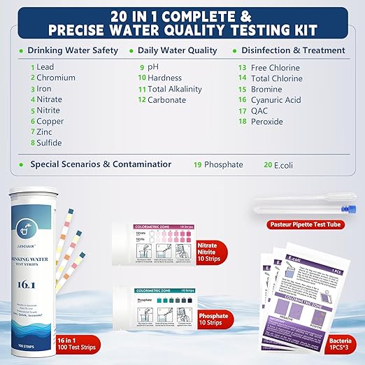 20 in 1 Water Tester for Drinking Water, Well Water Testing Kit, Suitable for Household Tap Water, Natural Water Quality Testing, Can Detect Water Hardness, Chlorine, Lead, Ph, Etc. (123 Test Strips)