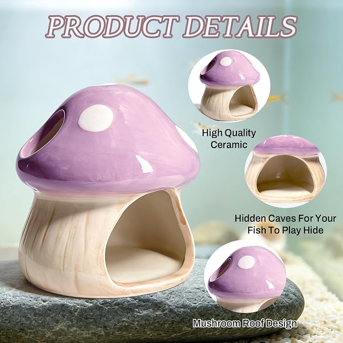 Betta Fish Tank Accessories, 4.33" Ceramic Mushroom Aquarium Decor, Purple | Hideout Cave Ornament for Small Fish, Shrimp, Hamsters & Reptiles – Aquarium Decor with Natural Look, Functional Shelter
